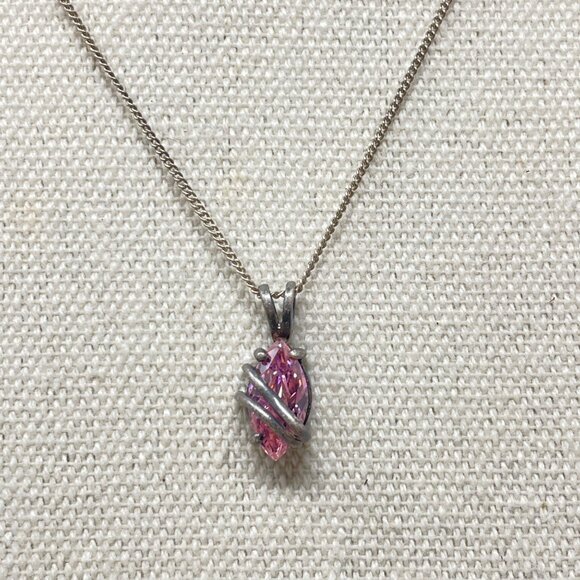 Sterling Silver Pink Marquise Cubic Zirconia Pendant  Necklace Dainty Minimal CZ - Picture 1 of 8
